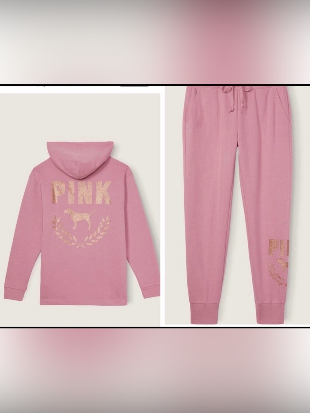 NWT VS PINK Hoodie & Joggers Set Gold Glitter Graphics Small